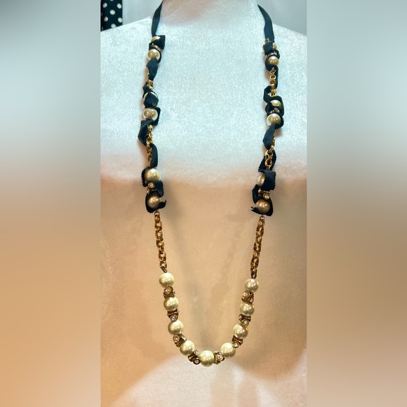 J. Crew Women's Ribbon-tied Long Pearl Crystal/Rhinestone Necklace - Picture 5 of 5